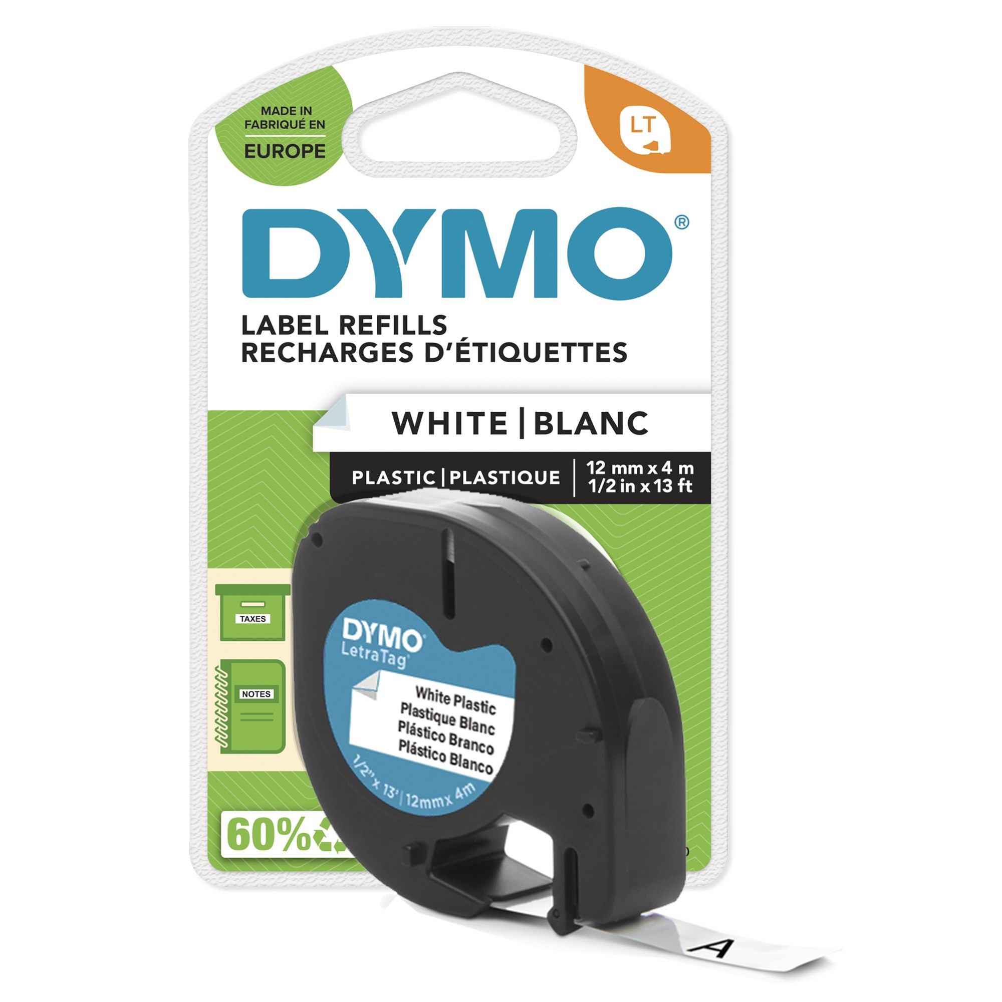 DYMO Ruban pour étiquette plastique LT 12mm x 4m noir/blanc