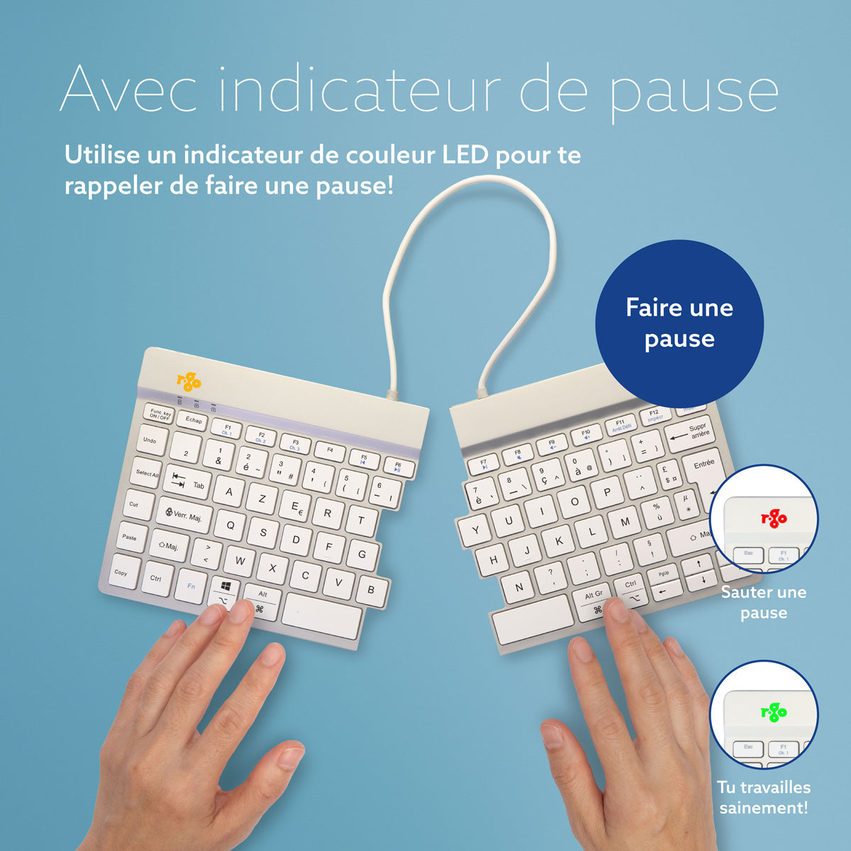 R-GO TOOLS Clavier ergo Split Break, divisé Bluetooth blanc