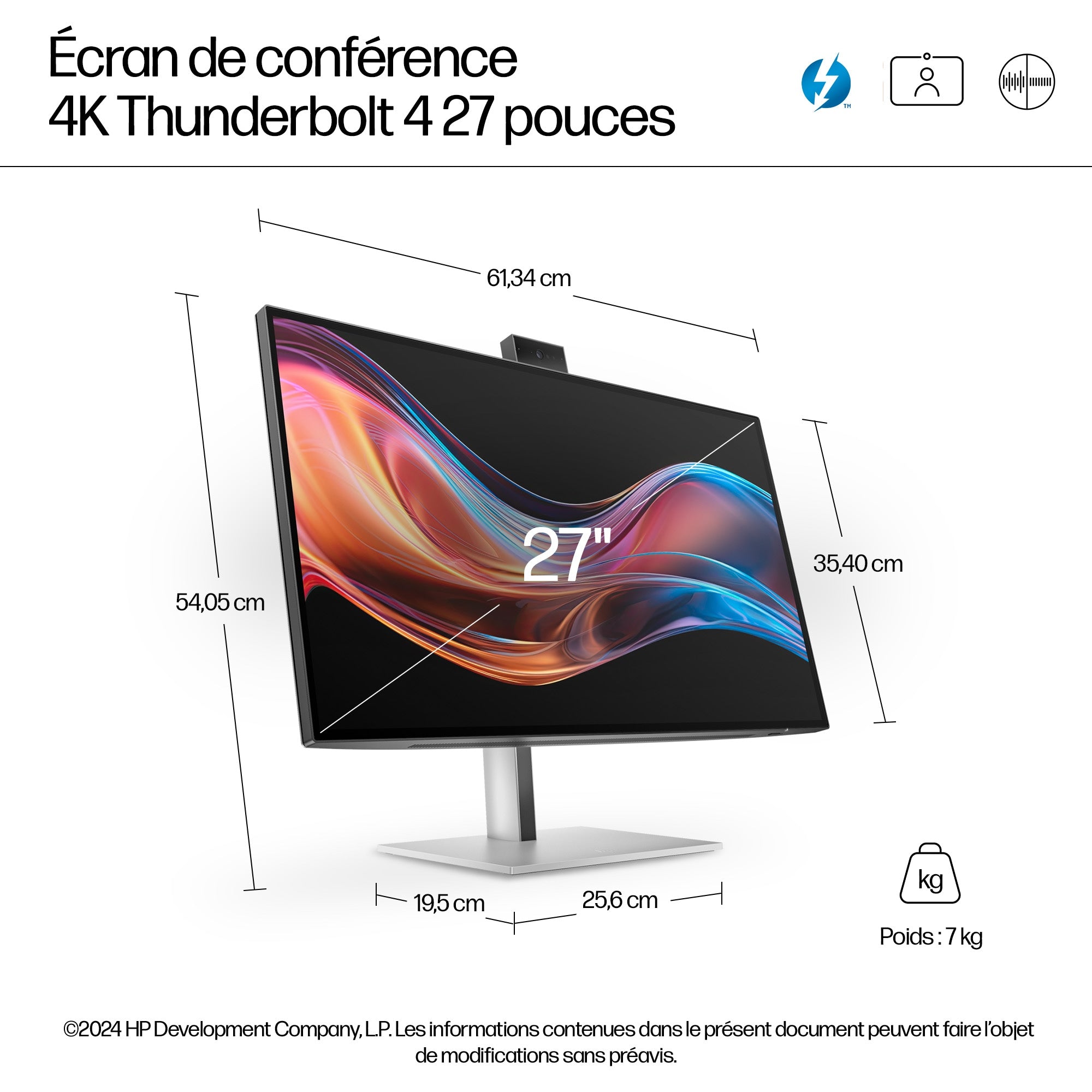 HP Écran pour conférence 4K Series 7 Pro 727pm avec webcam IA 5 Mpx HDR 27p 4K UHD 3840x2160 HDMI DisplayPort Thunder 3/3/0