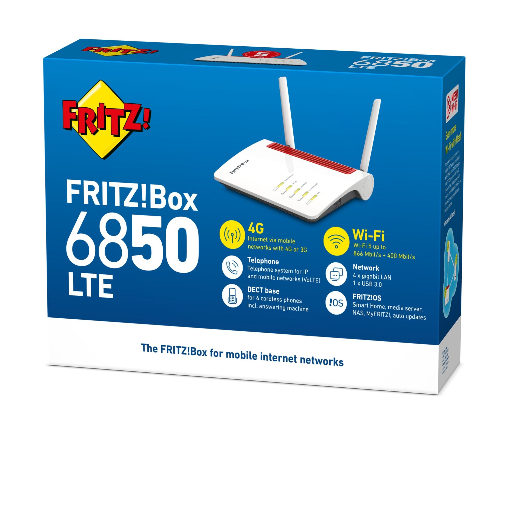 FRITZ!Box 6850 LTE routeur sans fil Gigabit Ethernet Bi-bande (2,4 GHz / 5 GHz) 4G Blanc
