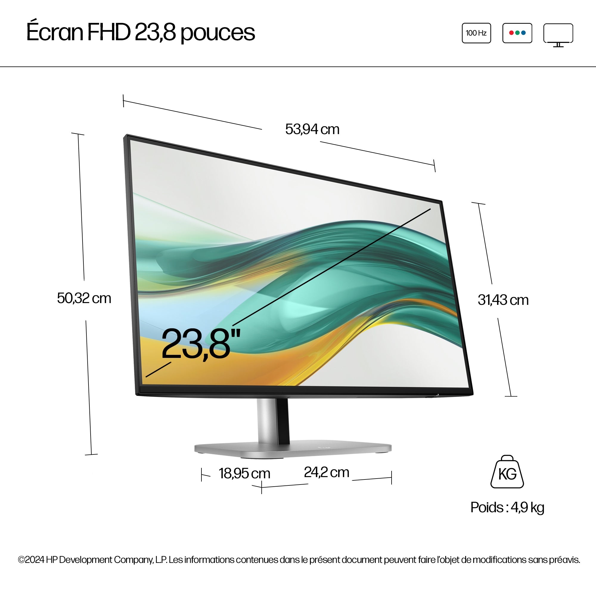 Moniteur HP S5 Pro 524PF - FHD 23,8" (1920 x 1080) 100Hz, IPS, 5 ms, HDMI, DisplayPort
