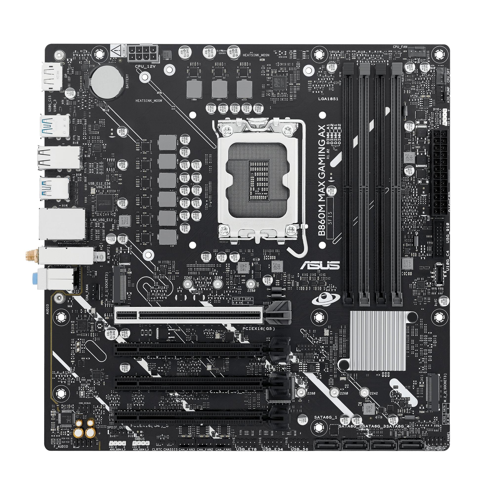 ASUS B860M MAX GAMING AX Intel LGA1851 mATX motherboard Advanced AI 4xDDR5 PCIe 5.0 x16 3xM.2 1xDisplayPort 4xSATA