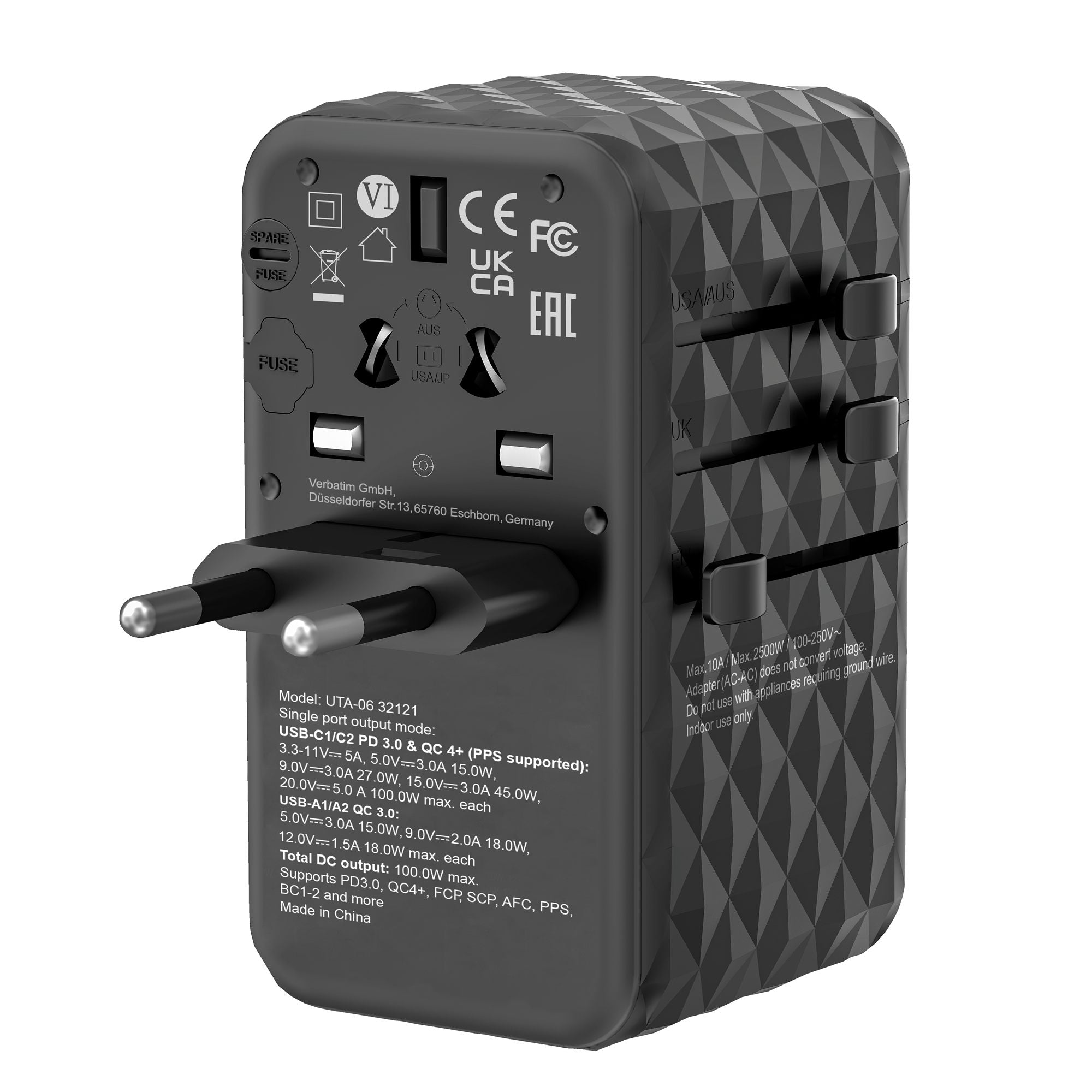 VERBATIM GAN III UNIVERSAL TRAVEL ADAPTER UTA-06 WITH 2 X USB-C PD 100W & QC 4+ / 2 X USB-A QC 3.00 WCF (P)