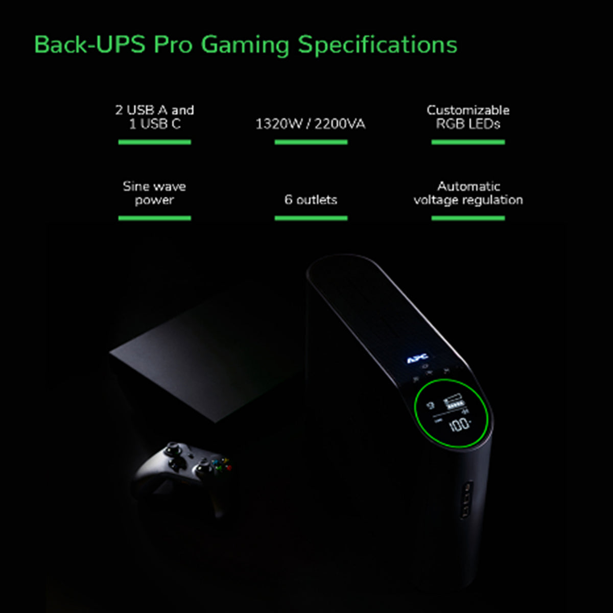 APC Back-UPS Pro UPS tower RGB lights AC 230V 1320Watt 2200VA 1-phase output connectors 6 Black midnight