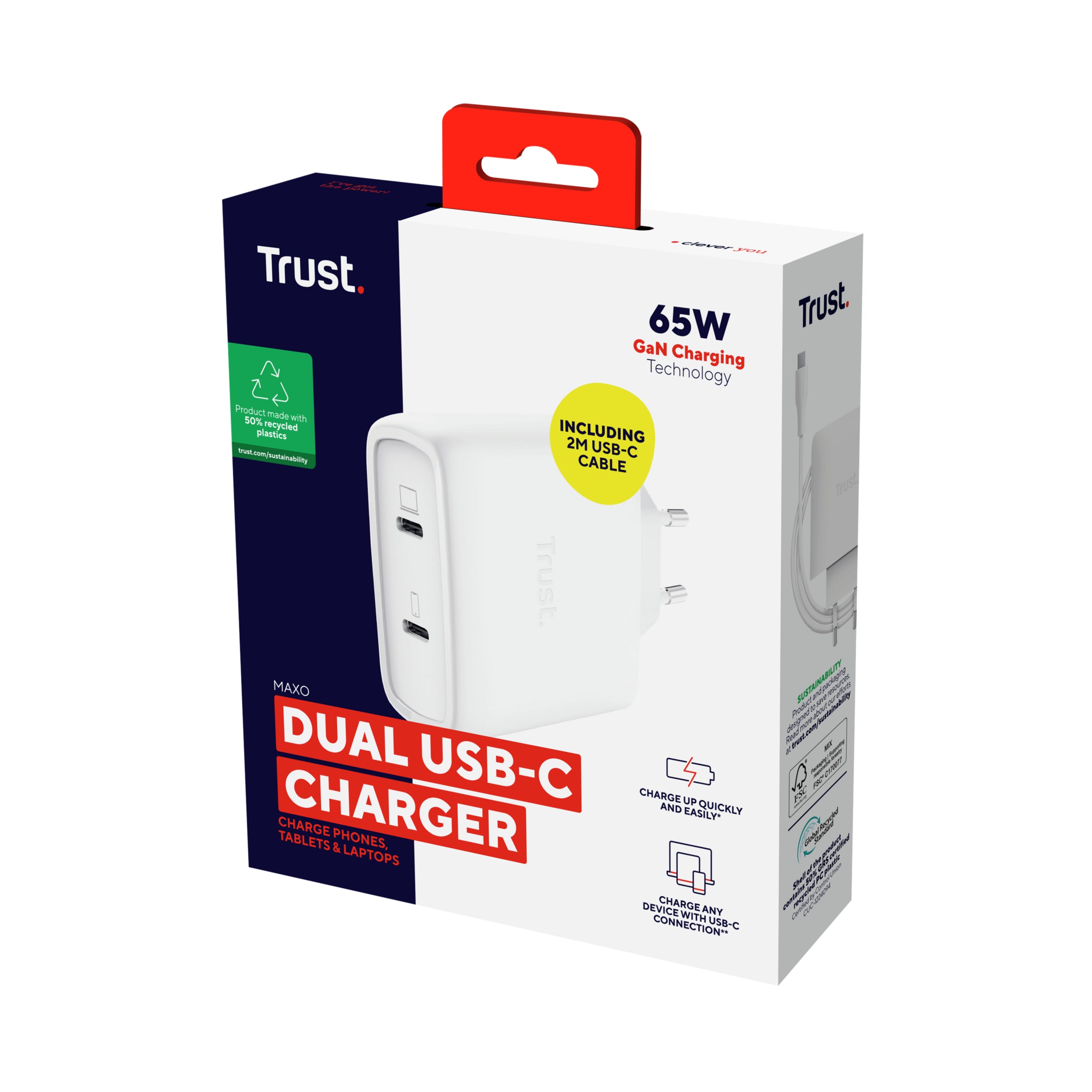TRUST Chargeur MAXO USB 65 watts GAN 2 ports USB-C + câble noir
