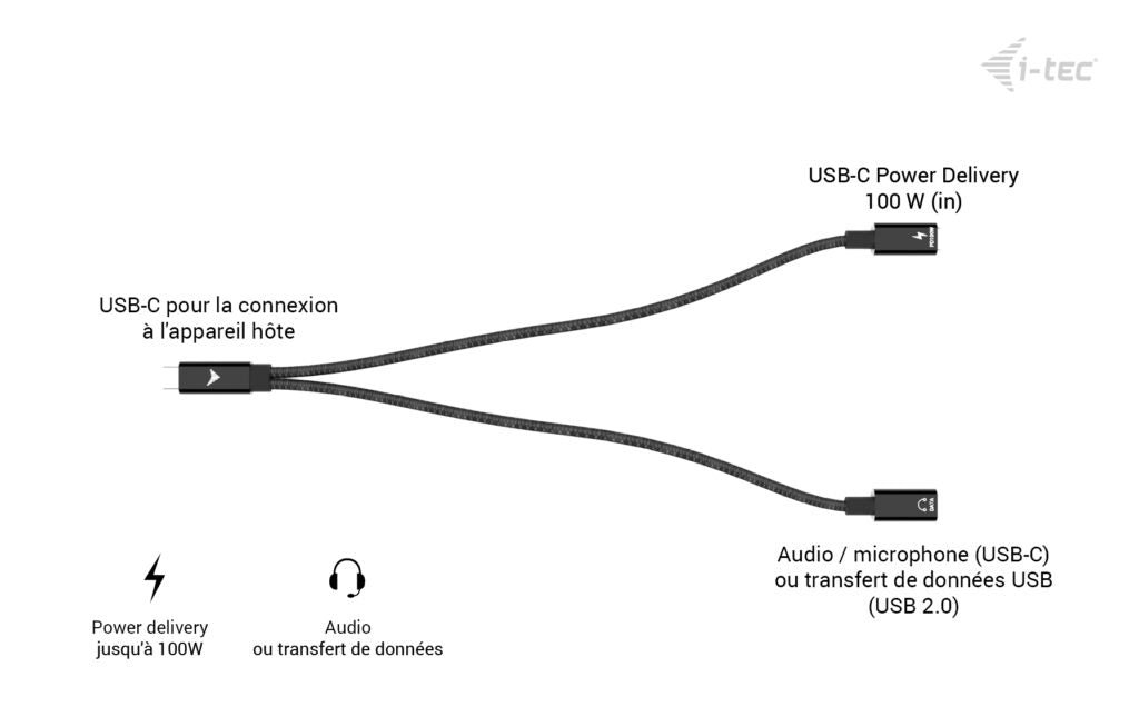 I-TEC USB-C Cable Splitter Audio/Data 1x USB-C PD input 100W 1x USB-C 2.0 for audio/mic or data 480Mbps Power Delivery 100W
