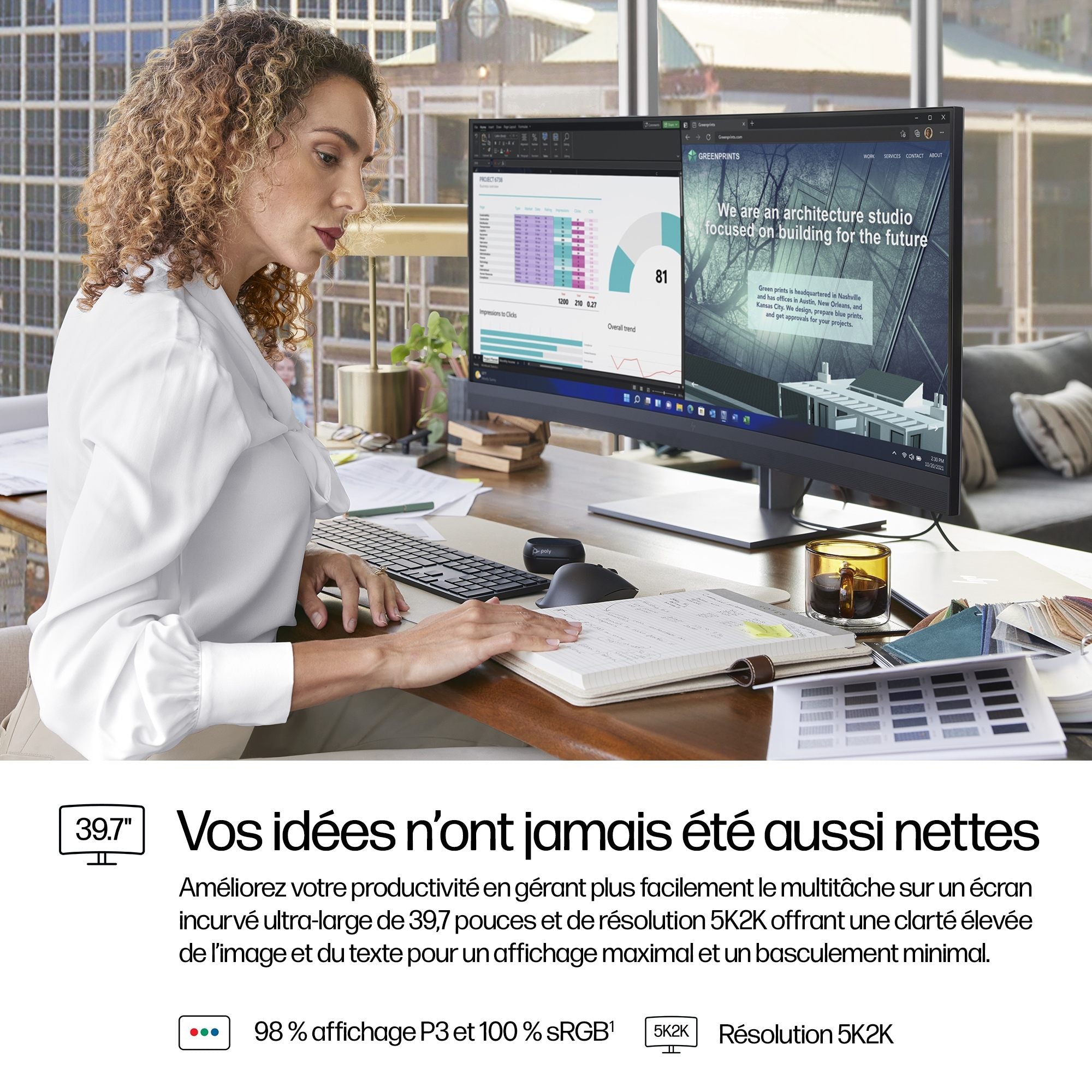 HP Écran de conférence incurvé 5K2K série 7 Pro 740pm avec webcam 4K 39.7p WUHD 5120x2160 USB-C DisplayPort Thunderbolt 3/3/0