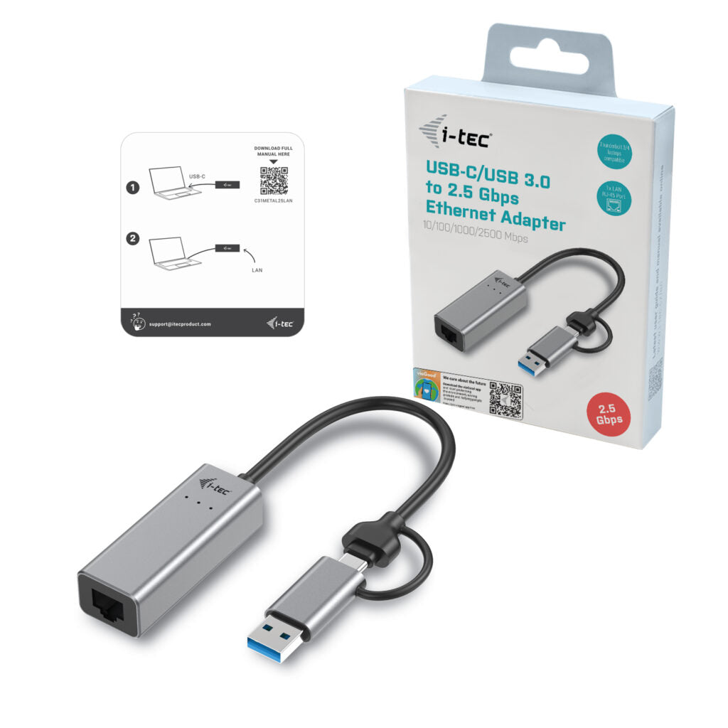 I-TEC USB-C Metal 2.5Gbps Ethernet Adapter 1x USB-C to RJ-45 LED compatible with Thunderbolt 3