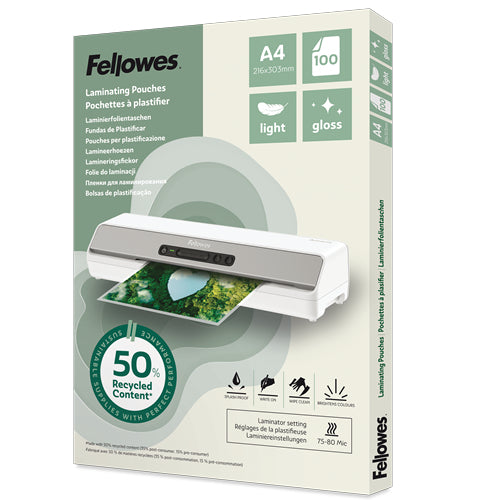 FELLOWES Pochettes de plastification A4 avec 50 pourcentage de contenu recyclé - usage léger brillant lot de 100