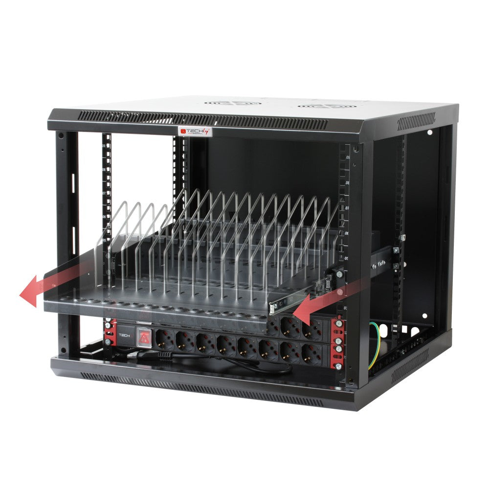 Techly I-CABINET-TRAY14BK Étagere Rack Rétractable pour Appareils Mobiles 14 Emplacements