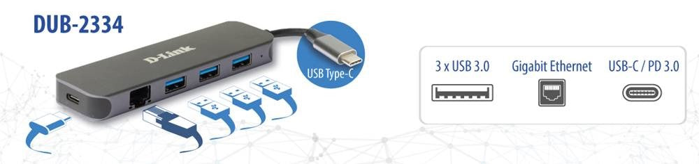 D-Link DUB-2334 station d'accueil Avec fil USB Type-C Gris
