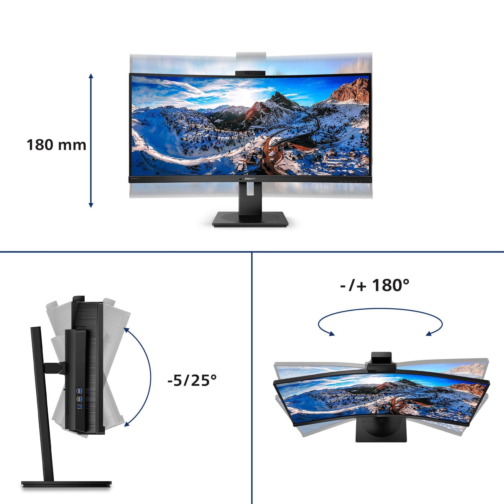 PHILIPS 346P1CRH/00 UWQHD, Curved, 34p, VA, Webcam, 100Hz, 4ms, Adaptive Sync, Docking USB-C, USB-C Port, DP, HDMI, Height adj. HP
