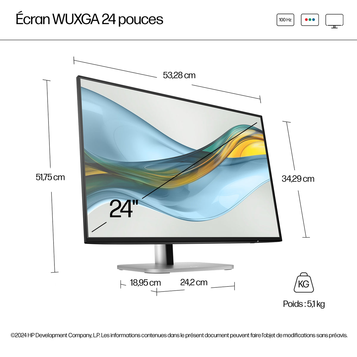 Moniteur HP S5 Pro 524PN - WUXGA 23,8" (1920 x 1200) 100Hz, IPS, 5 ms, HDMI, DisplayPort
