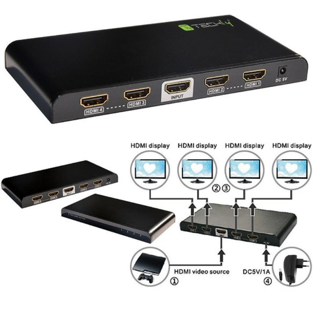 Techly IDATA HDMI2-4K4 Répartiteur HDMI 2.0 4K@60Hz 1x4 Actif