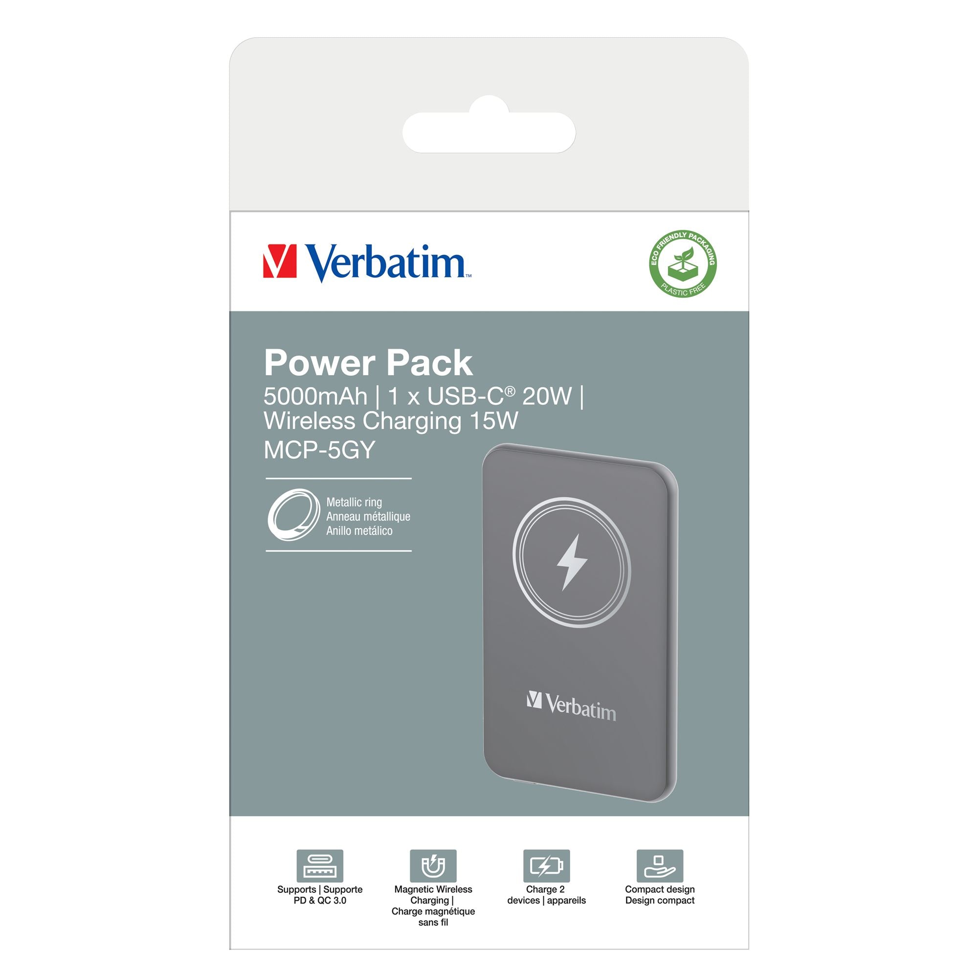 VERBATIM CHARGE N GO MAGNETIC WIRELESS POWER BANK 5000 GREY WCF (P)