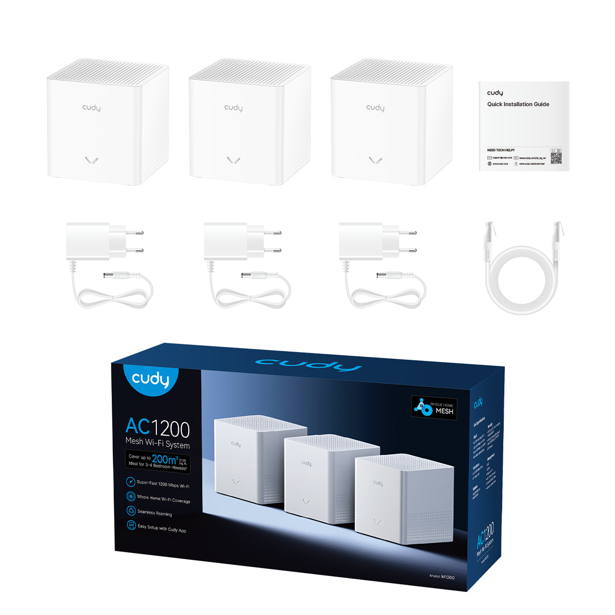 Cudy AC1200 Mesh Wi-Fi System, M1200 2.0, 3-Pack Bi-bande (2,4 GHz / 5 GHz) Wi-Fi 5 (802.11ac) Blanc 1 Interne