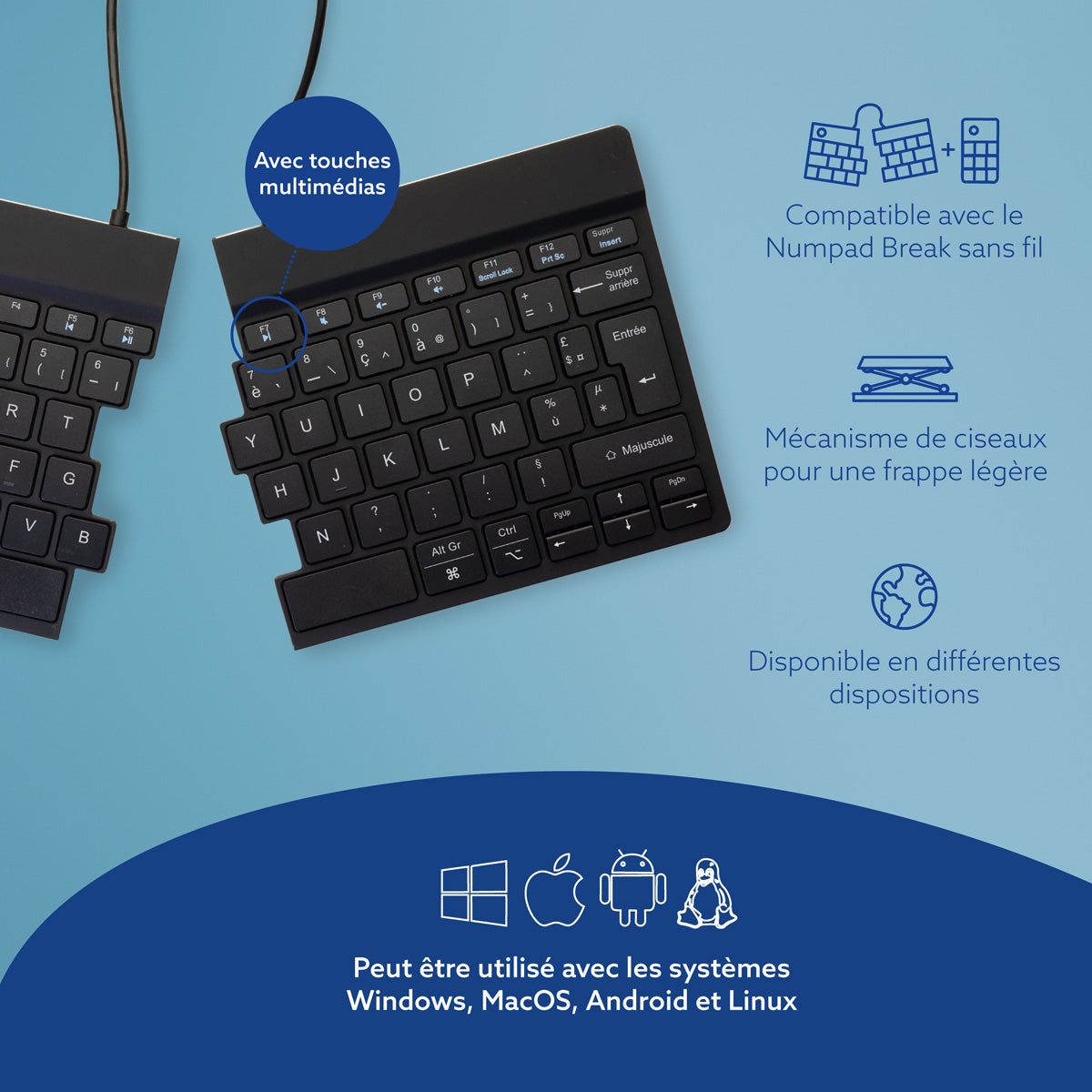 R-GO TOOLS Clavier ergo Split Break, divisé, Bluetooth noir