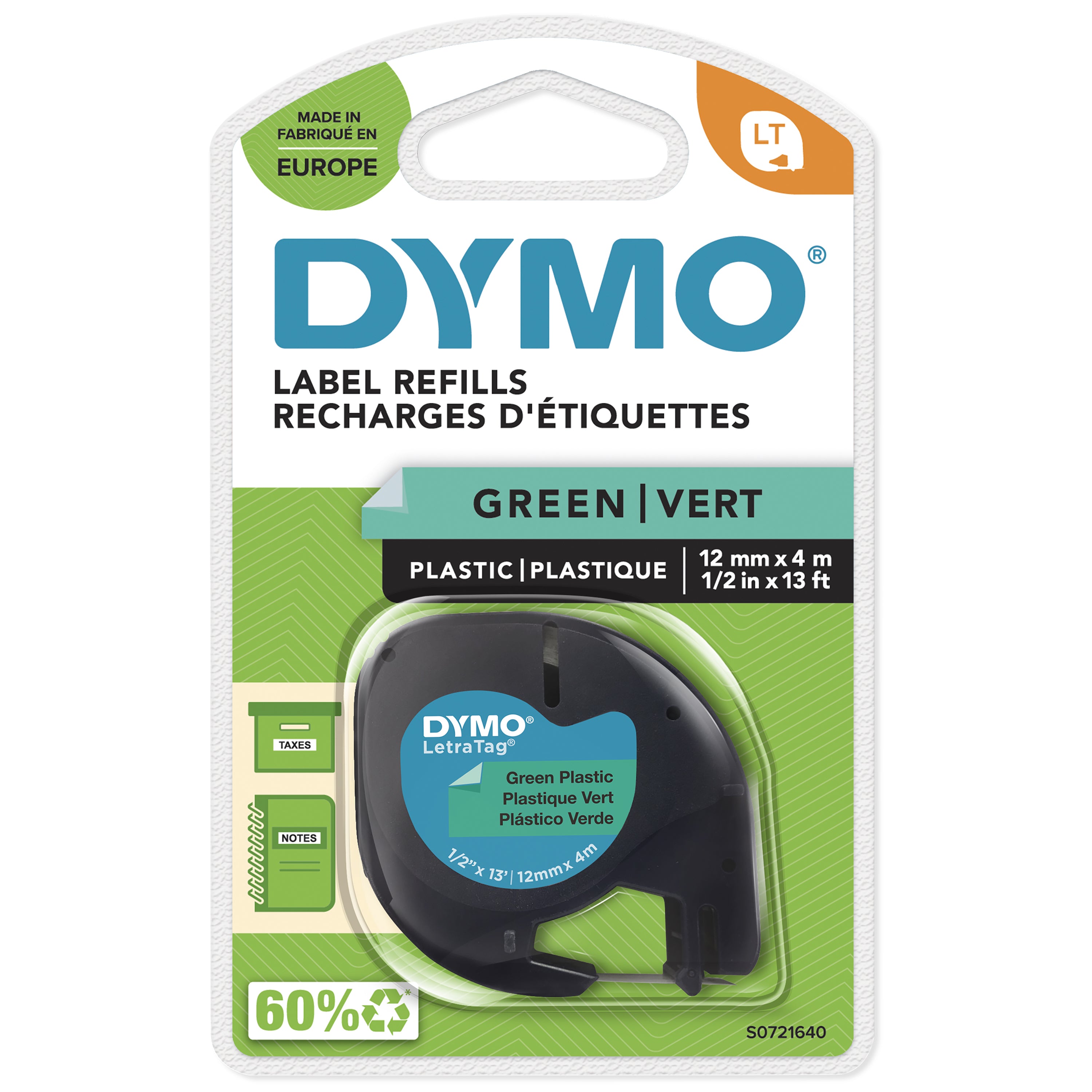 Ruban plastique dymo noir/vert 12MM pour letratag