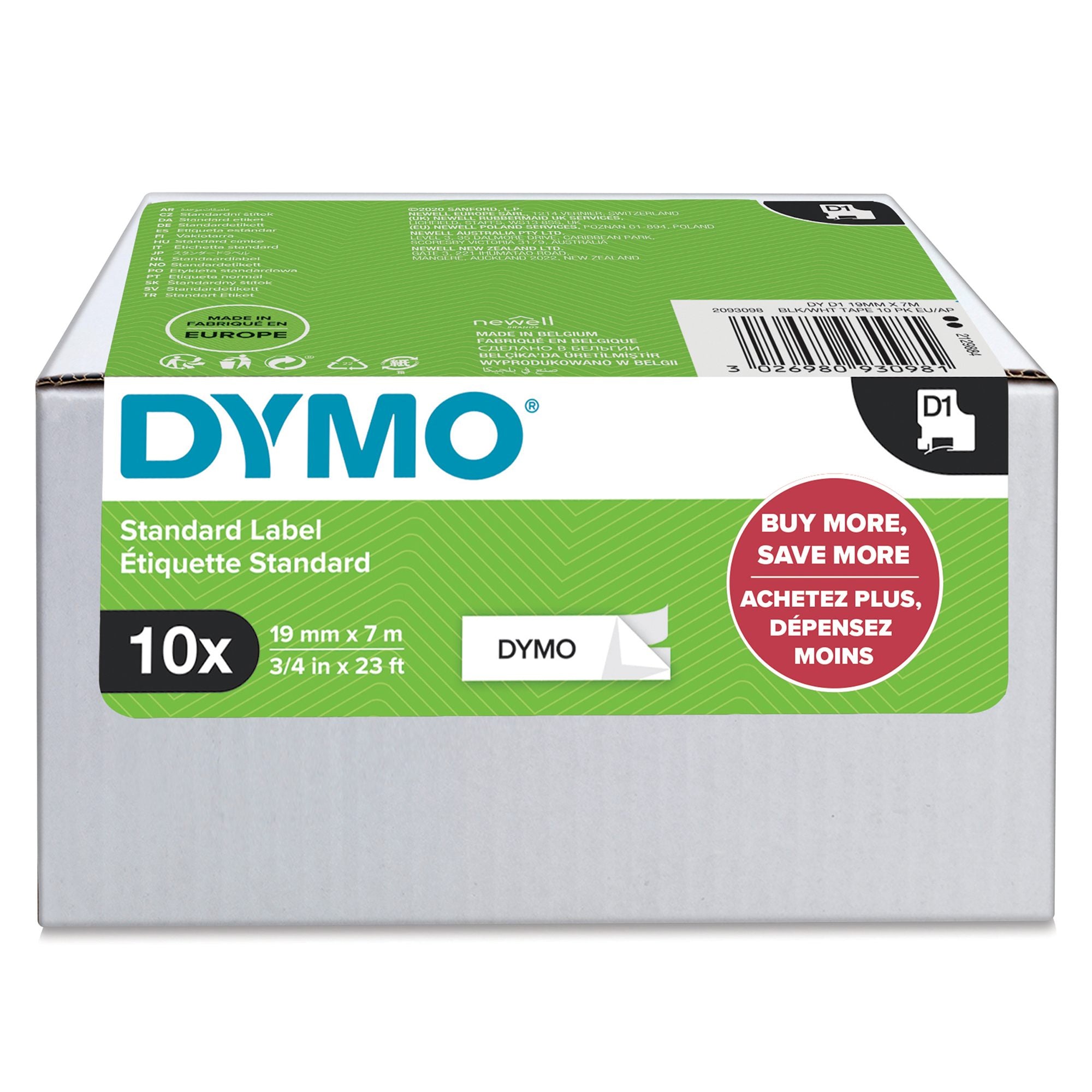 DYMO Ruban D1 noir sur blanc, 19 x 7 mm, pack éco 8 + 2