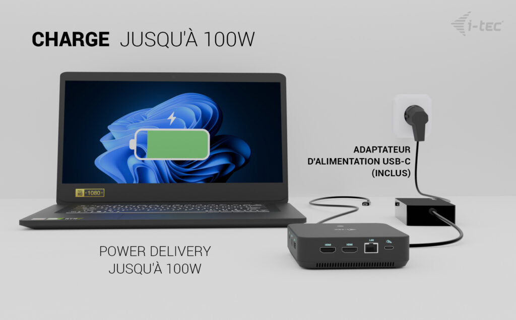 I-TEC USB-C DS 2 x HDMI 1x DP 1x GLAN 1x USB-C 3.2 3x USB-A 3.2 2x USB 2.0 1x 3.5mm Audio/Mic 1x 100W USB-C Power Delivery + Charger