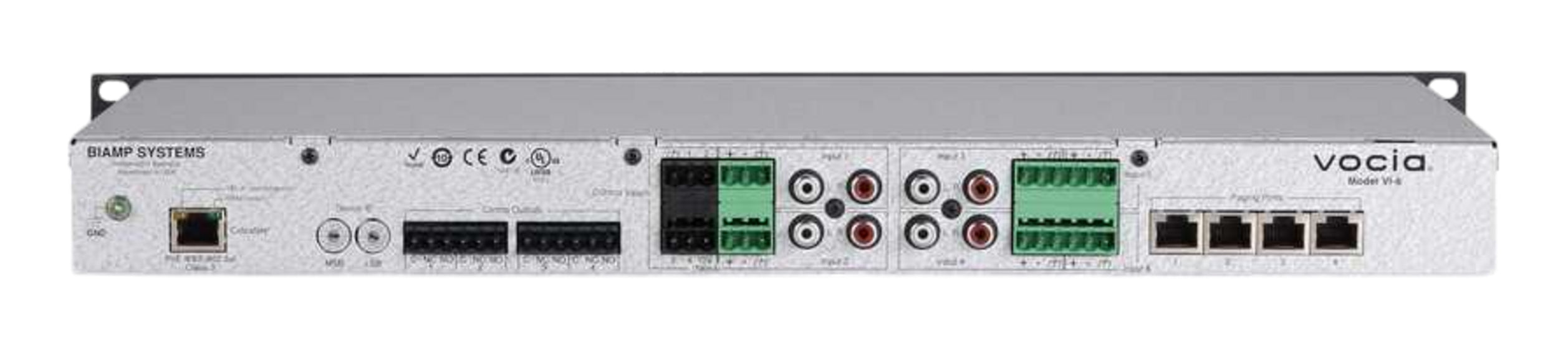 Biamp Vocia networked audio input device with 6 channels of BGM or user configurable mic/line audio