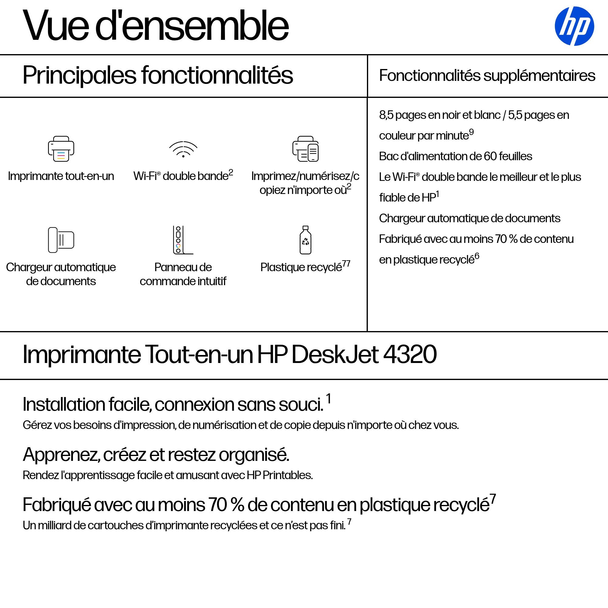 HP DeskJet 4320 A jet d'encre thermique A4 4800 x 1200 DPI 8,5 ppm Wifi