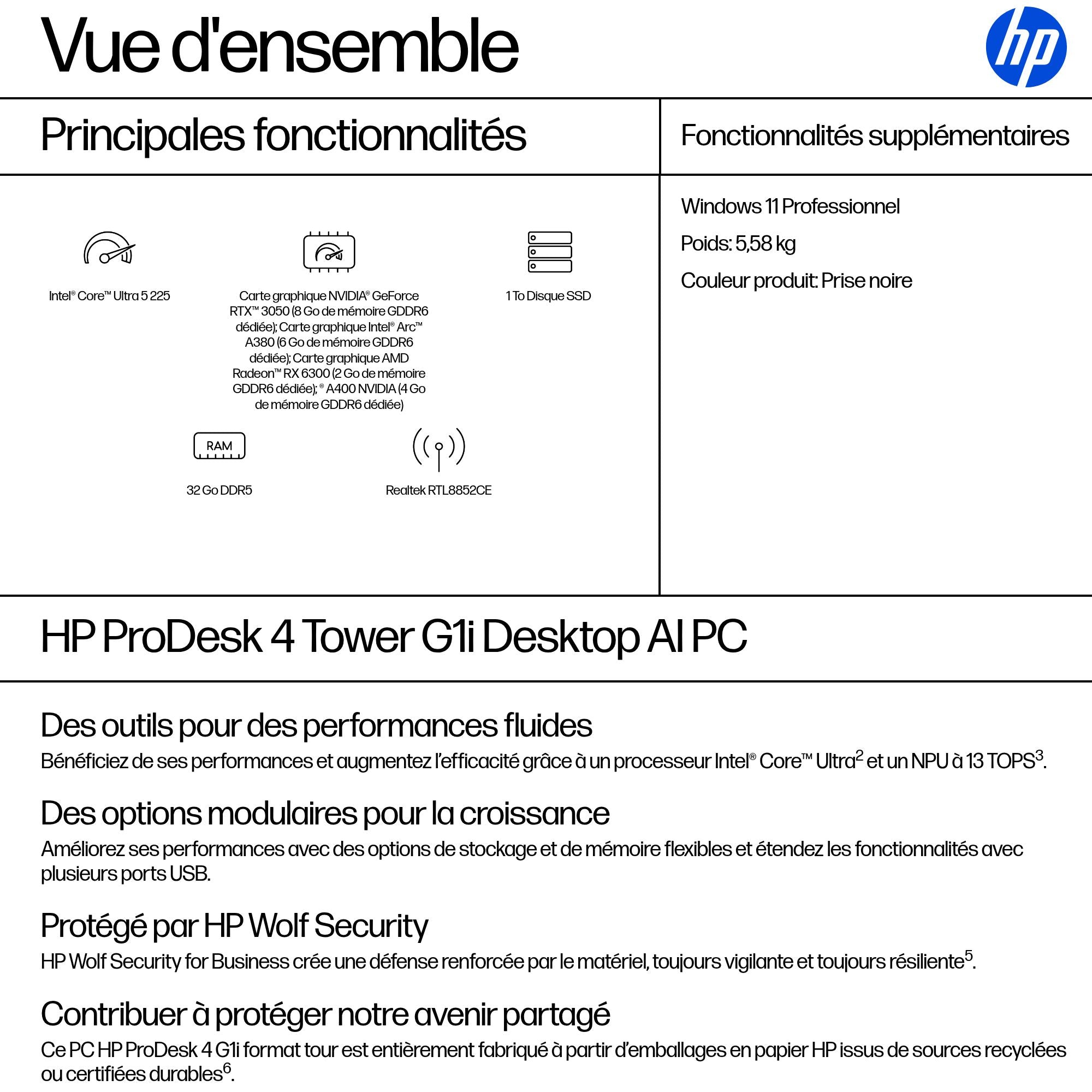 HP Pro Tower 400 G1i Intel Core Ultra 5 225 32Go 1To SSD UMA W11P 3/3/3 Smartbuy