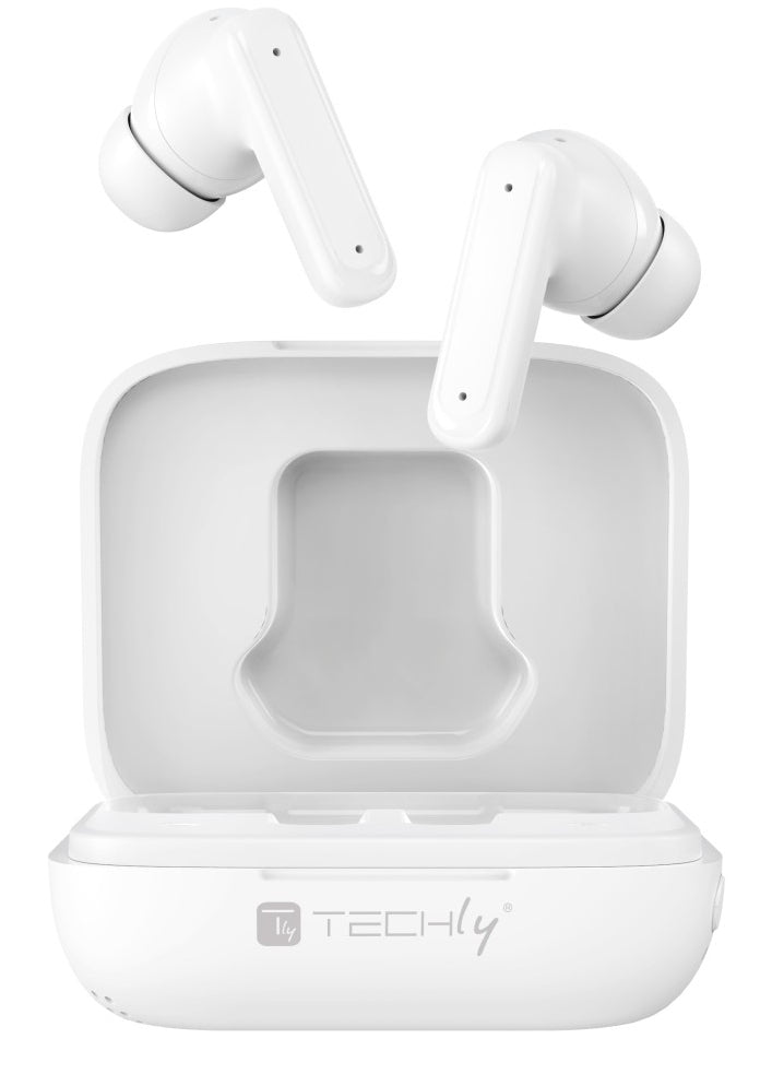 Techly ICC SB-BLT08W Écouteurs sans fil intra-auriculaires Bluetooth, étui avec écran LCD, réduction de bruit ANC, égaliseur