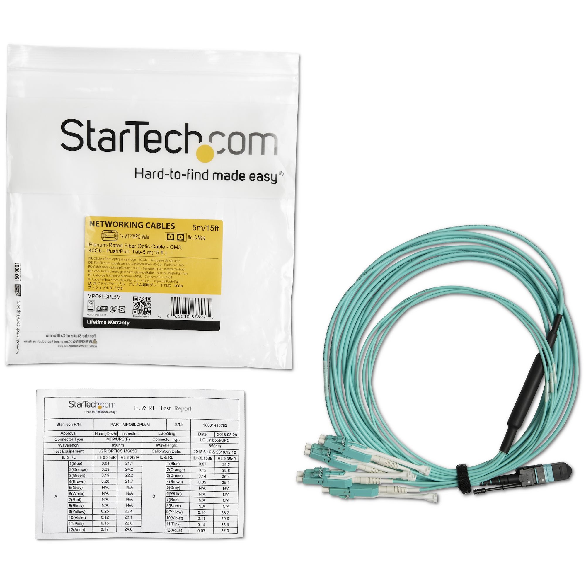 5m MTP/MPO to 4xLC/PC Fiber Cable