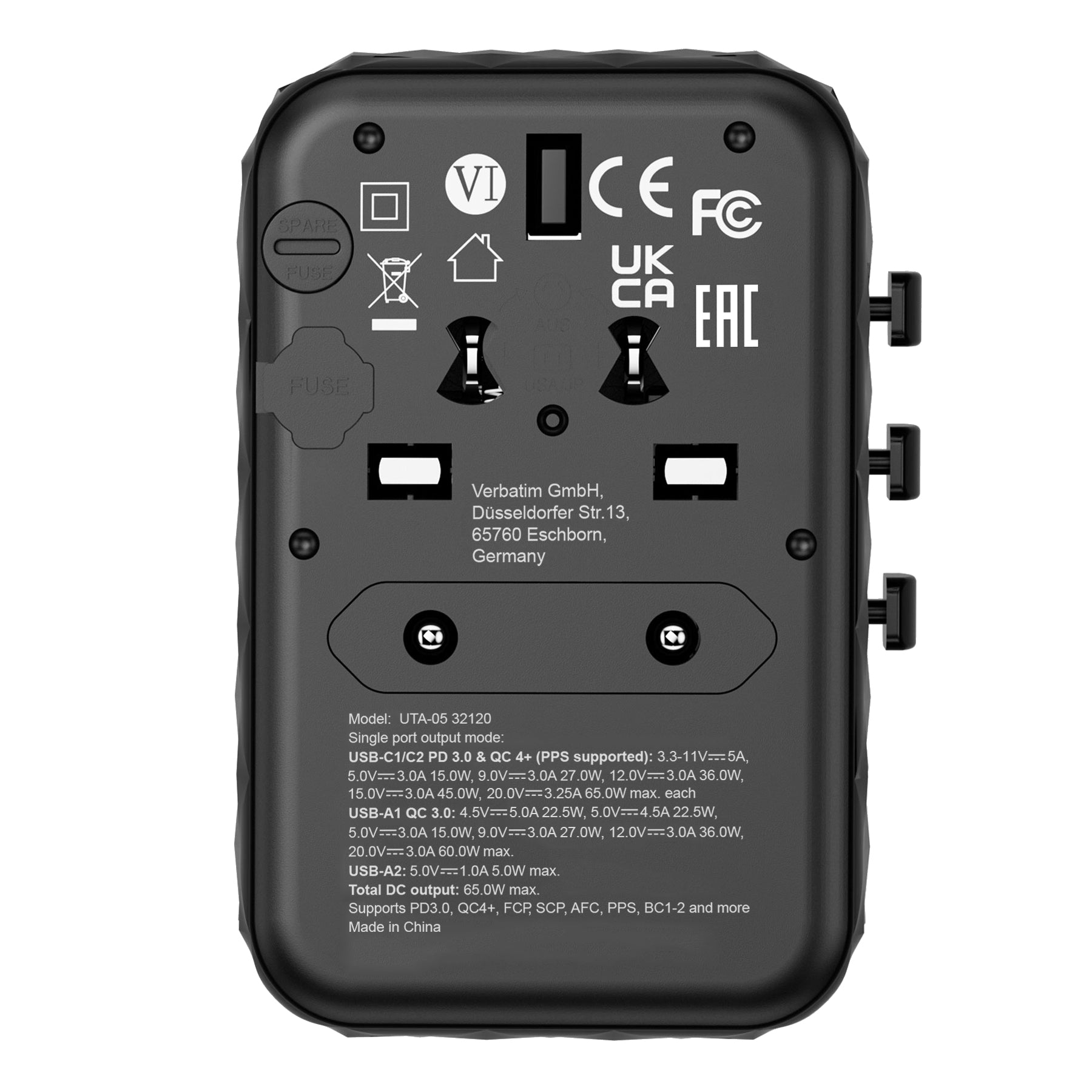 VERBATIM GAN III UNIVERSAL TRAVEL ADAPTER UTA-05 WITH 2 X USB-C PD 65W & QC 4+ / 2 X USB-A WCF (P)