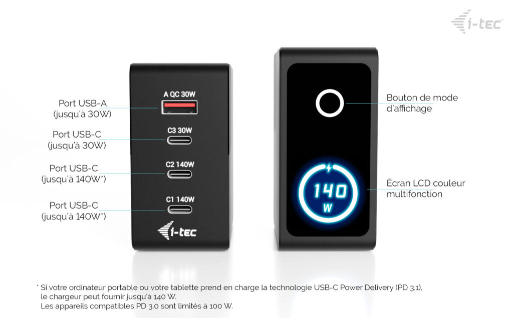 I-TEC 140W Intelligent Multiport USB Charger 3x USB-C 1x USB-A LCD display