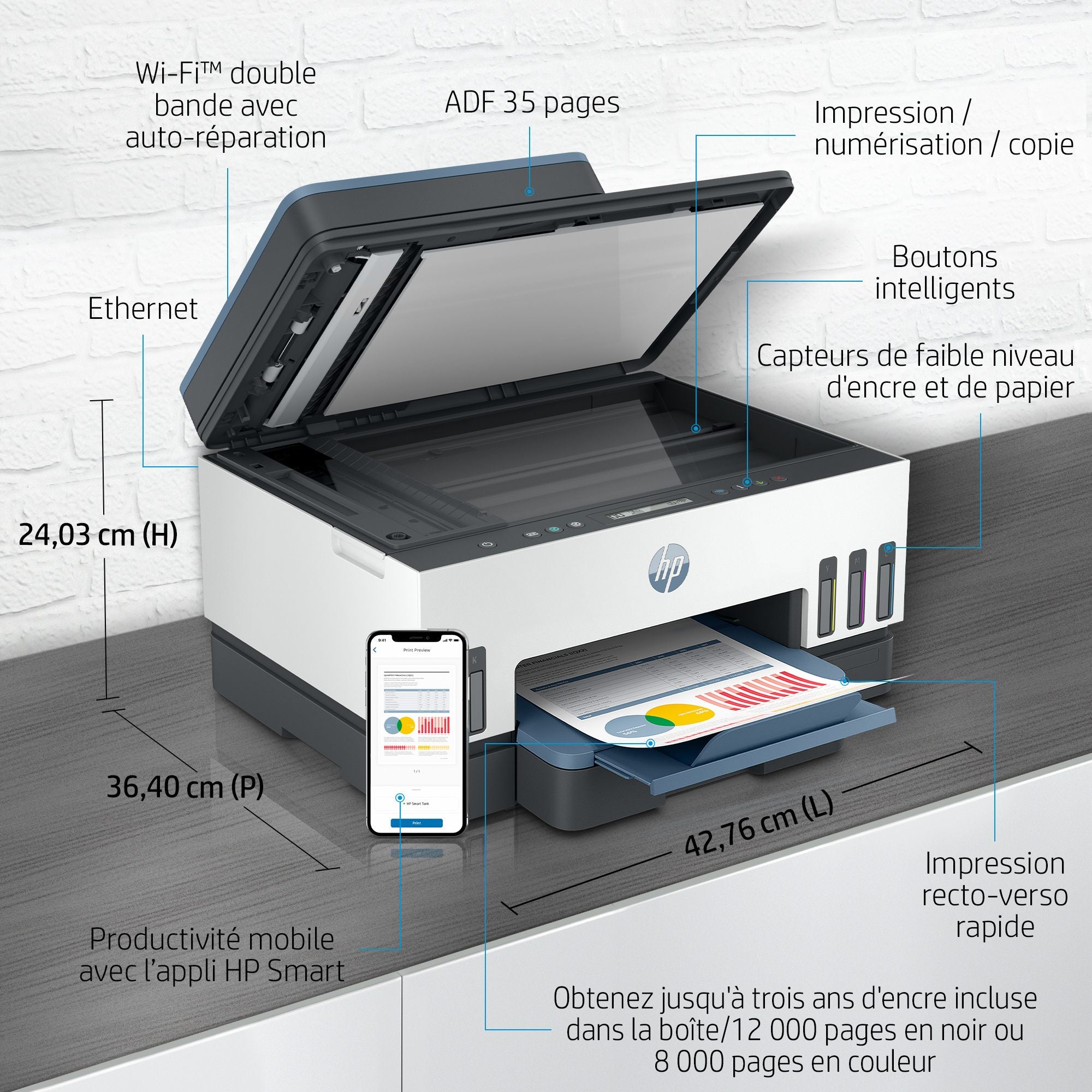 HP Smart Tank 7306 All-in-One MFP colour inkjet refillable A4 13ppm Copy 15ppm Print 250sheets USB Wi-Fi Bluetooth