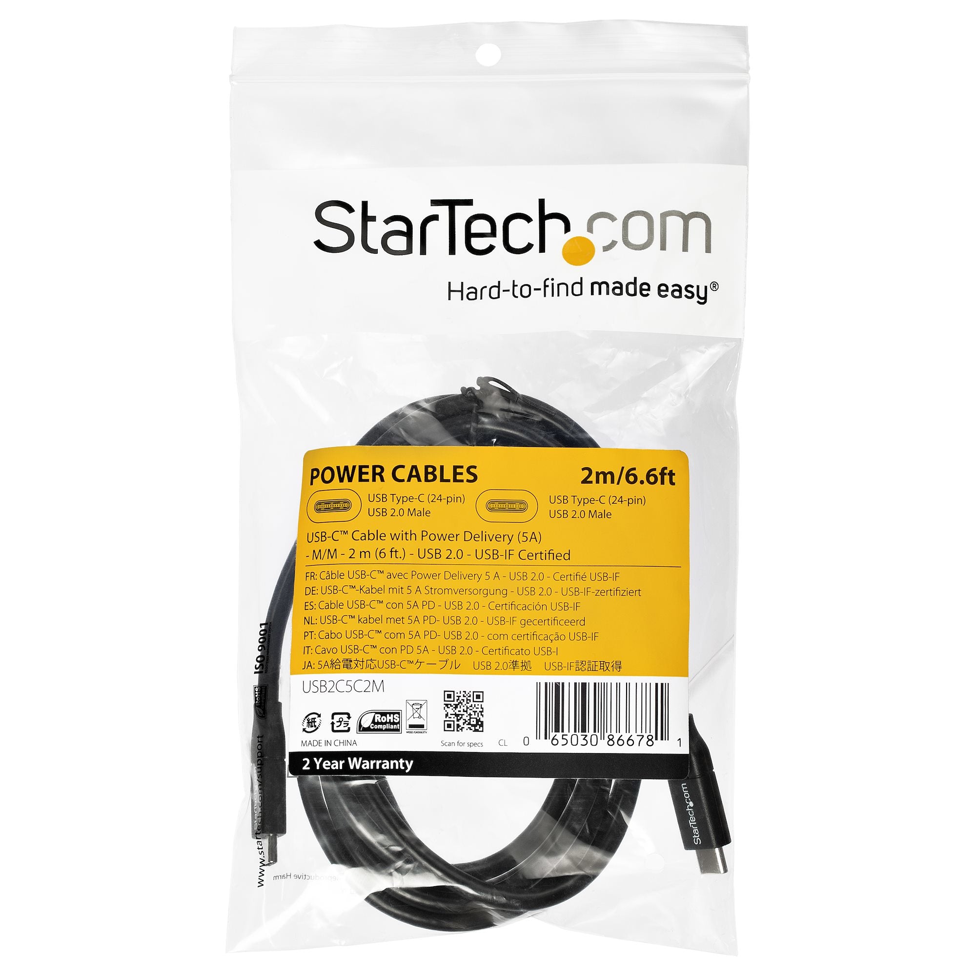 Cable USB-C w/5A PD - USB 2.0 - 2m 6ft