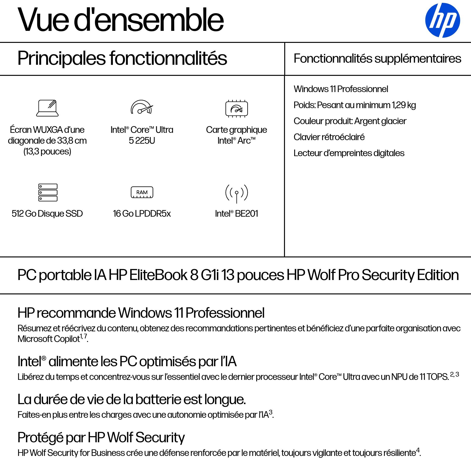 HP EliteBook 8 G1i IA Nouvelle génération Intel Core Ultra 5 225U 13.3p WUXGA 16Go 512Go SSD UMA W11P Copilot + PC 3/3/0
