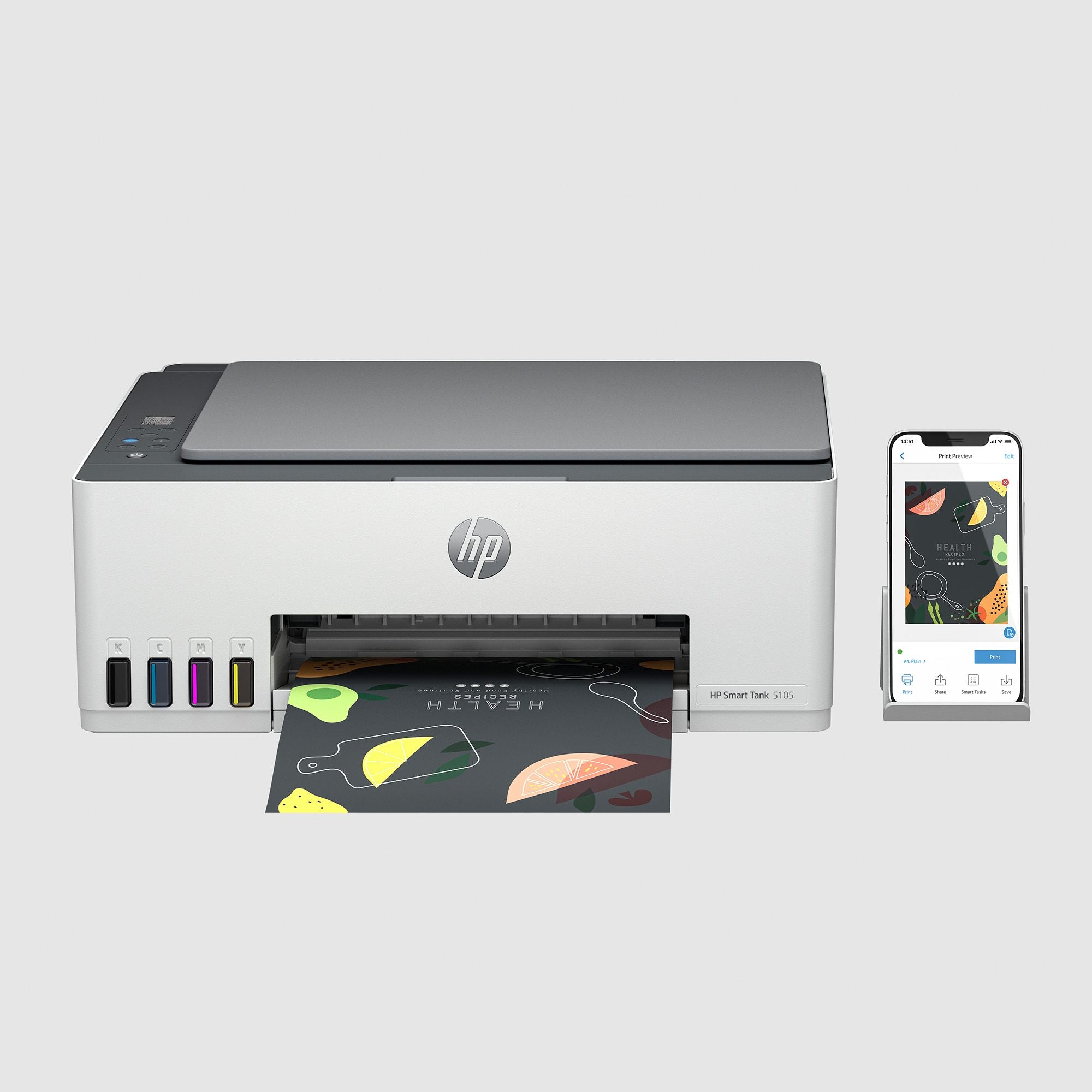 HP Smart Tank 5105 All-in-One MFP colour inkjet refillable A4 10ppm Copy 12ppm Print 100sheets USB Wi-Fi Bluetooth basalt