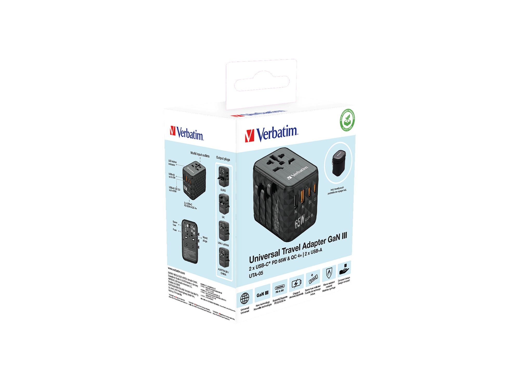 VERBATIM GAN III UNIVERSAL TRAVEL ADAPTER UTA-05 WITH 2 X USB-C PD 65W & QC 4+ / 2 X USB-A WCF (P)