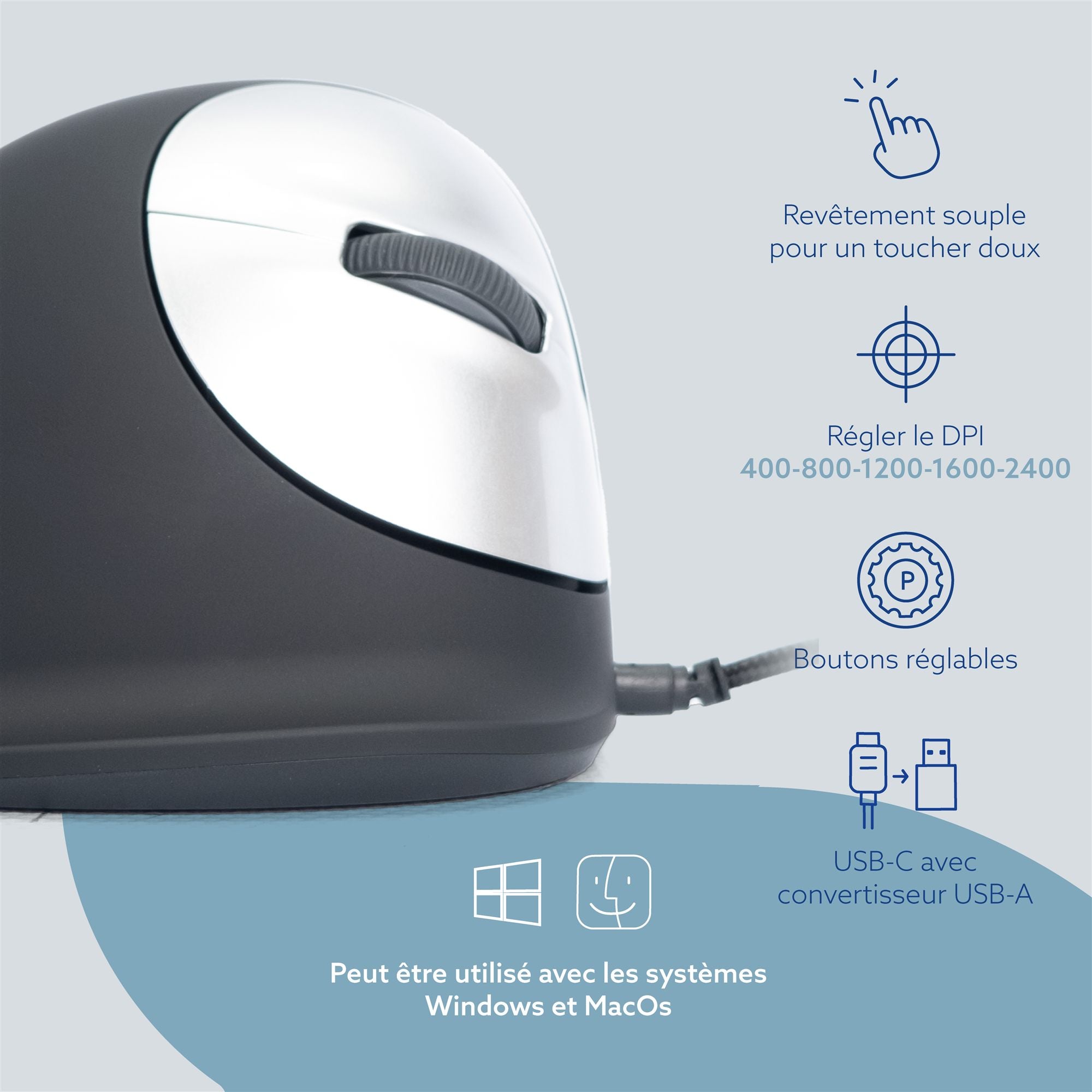 R-GO TOOL Souris HE Break, droiter, filaire, M noire