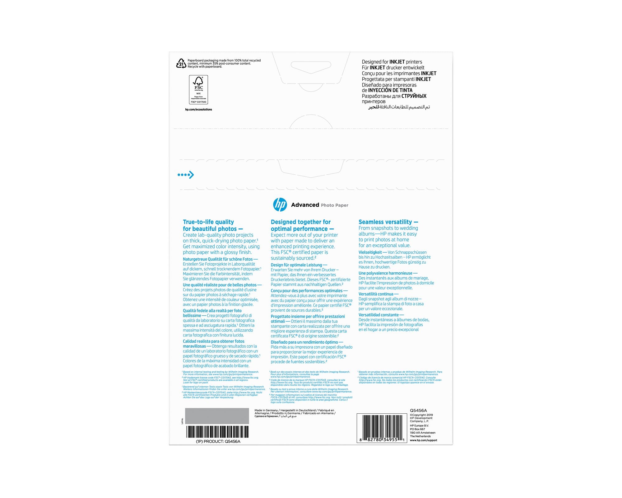 HP original Q5456A Advanced glossy photo paper Ink cartridge 250g/m2 A4 25 sheets 1-pack