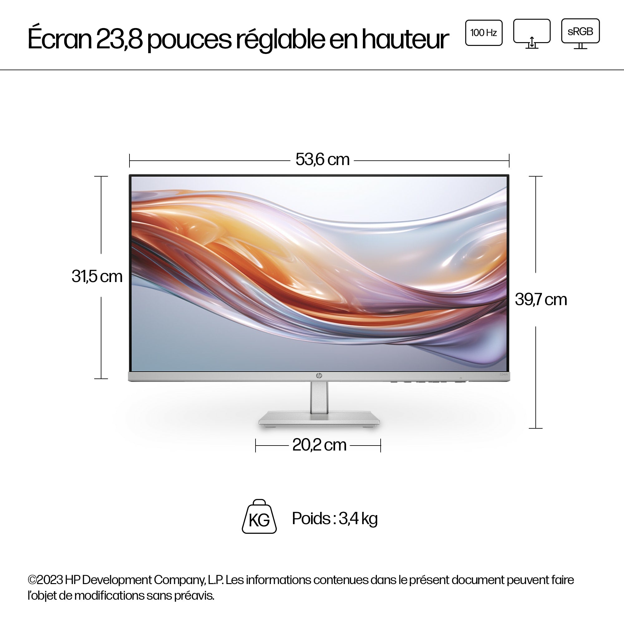 "HP Series 5 23.8 inch FHD Height Adjust Monitor - 524sh écran plat de PC 60,5 cm (23.8"") 1920 x 1080 pixels LCD Argent"