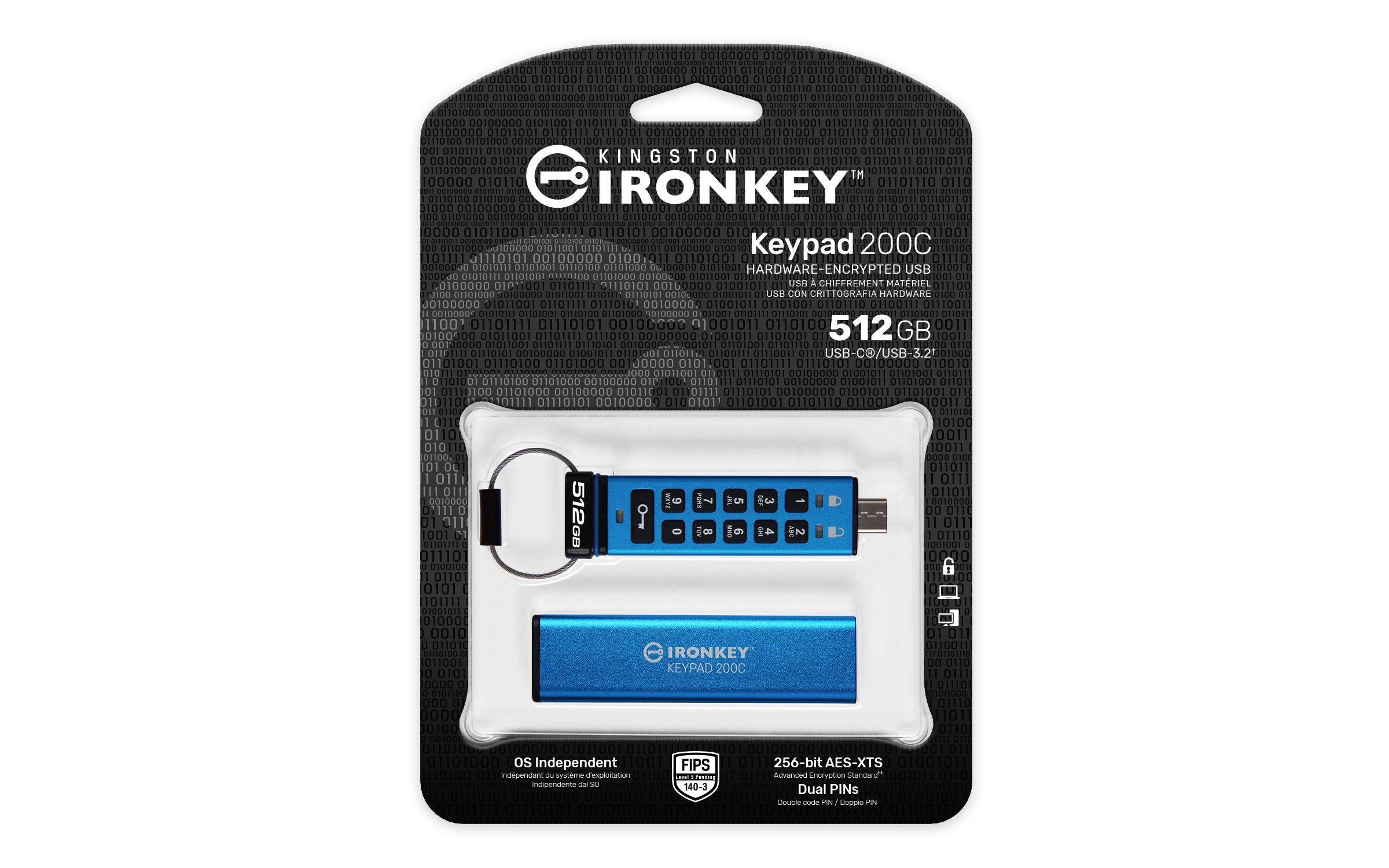 KINGSTON 512Go USB-C IronKey Keypad 200C FIPS 140-3 Lvl 3 Pending AES-256