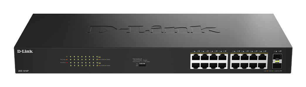 D-LINK 16 Ports GE PoE 30W + 2 Ports SFP Unmanaged Switch 240W
