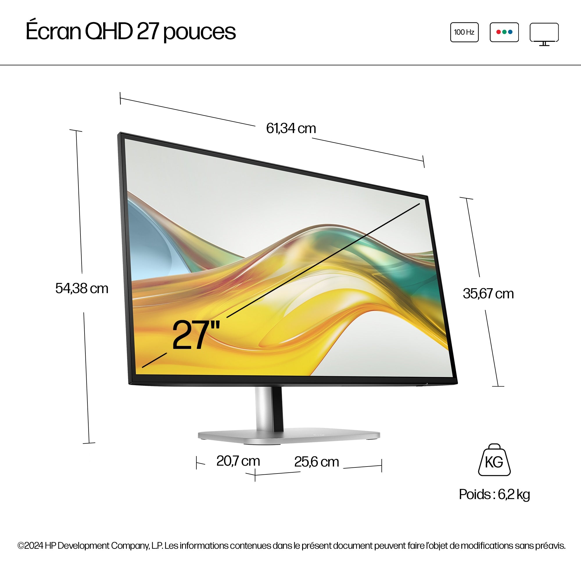 HP 9D9S0A5#ABB Pro QHD Moniteur LCD 27 pouces avec Hub USB et Réglage de la Hauteur