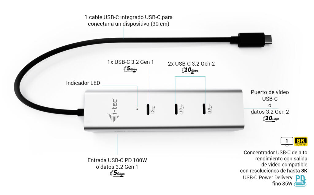 I-TEC USB-C Charging Metal HUB 5port with USB-C video 8K 1xUSB-C video/Data 1xUSB-C PD/Data 1xUSB-C 3.2 Gen1 2xUSB-C 3.2 Gen2 PD85W
