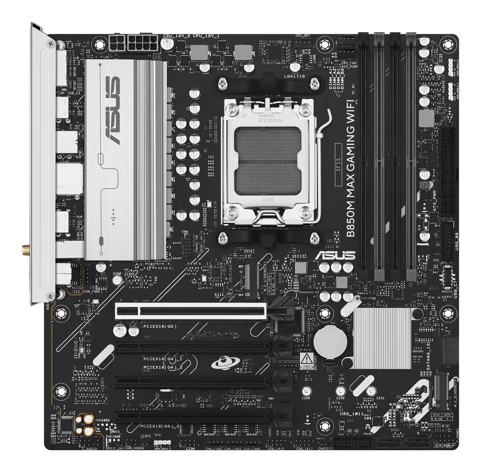 ASUS B850M MAX GAMING WIFI AMD AM5 mATX motherboard 4xDDR5 PCIe 5.0 3xM.2 1xHDMI 1xDisplayPort 4xSATA