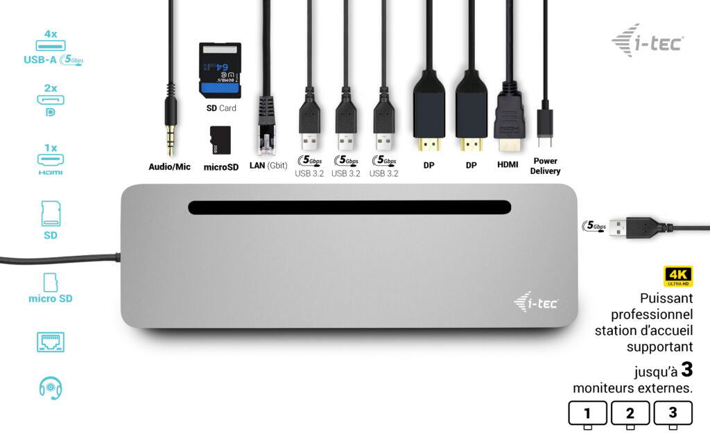 I-TEC USB-C Metal Ergonomic 4K 3x Display Docking Station with PD 100 W