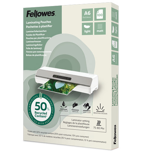 FELLOWES Pochettes de plastification A6 avec 50 pourcentage de contenu recyclé - usage léger mate lot de 100