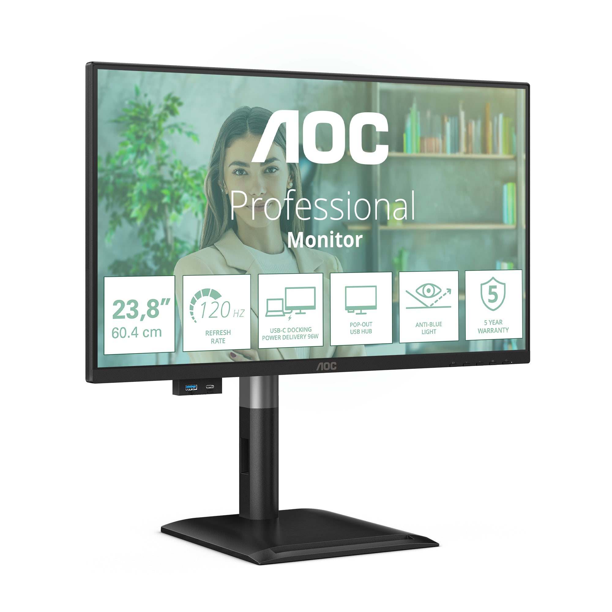 AOC 24P4CV 23.8p IPS FHD 120Hz 4ms HDMI DP USB C PD96W HUB USB Speakers HAS 150mm