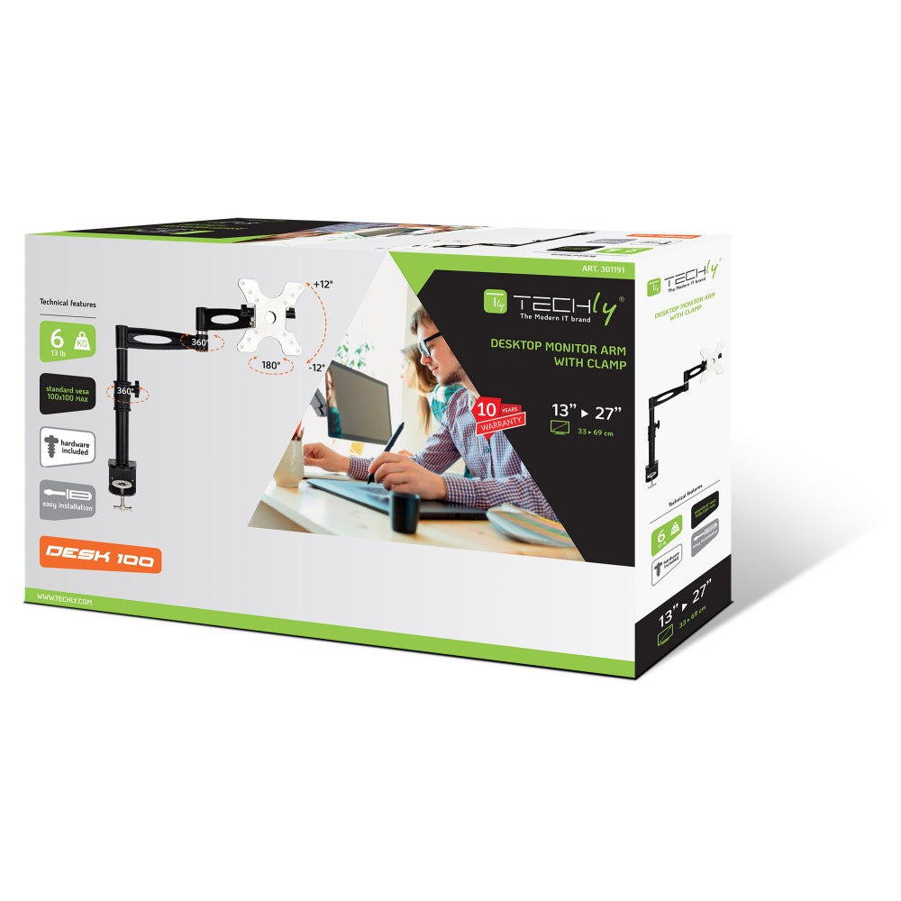 "Support de bureau rotatif Techly ICA-LCD 502BK pour moniteurs LCD de 13 a 27"" jusqu'a 6 kg"