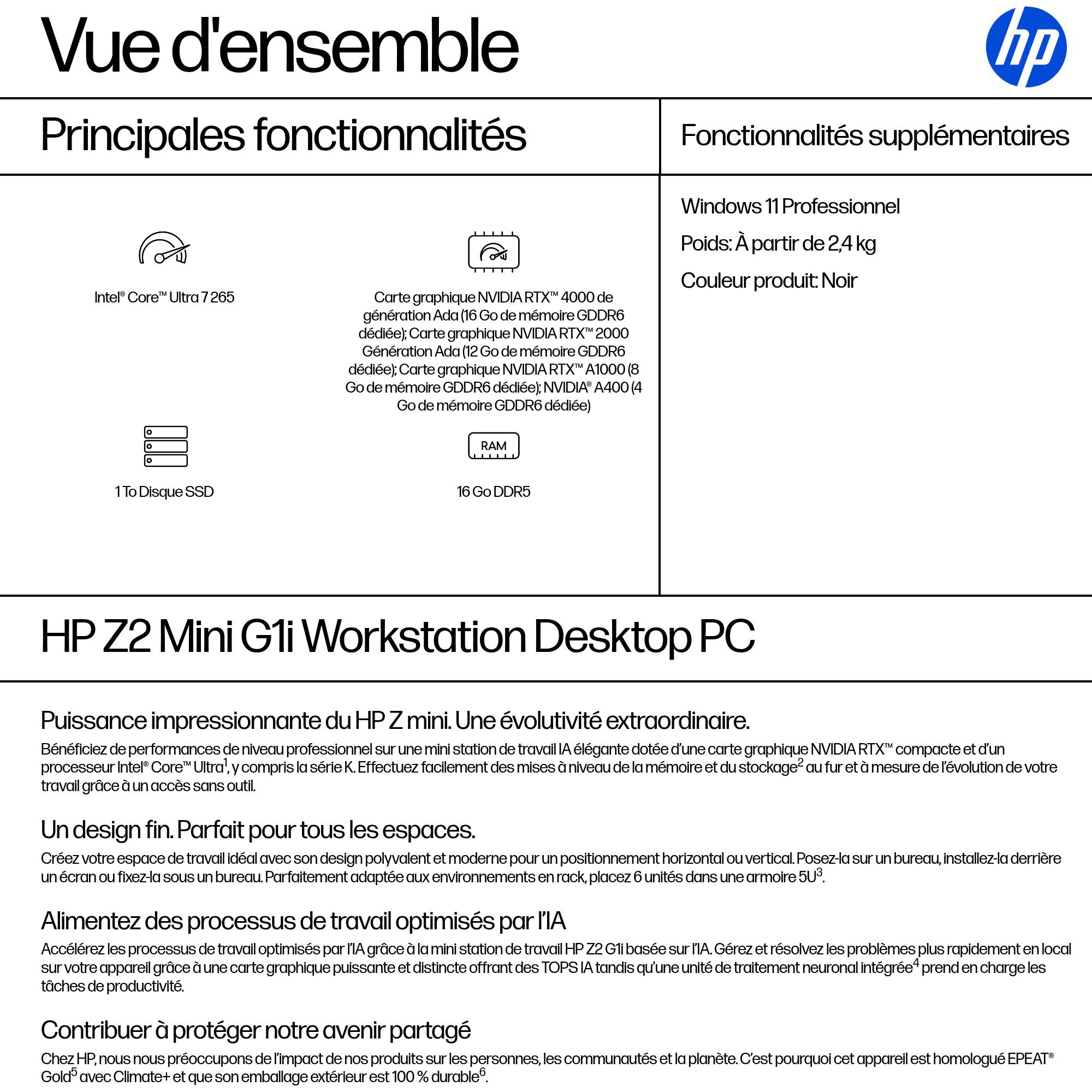 HP Z2 Mini G1i Intel Core Ultra 7 265 16Go DDR5 1To SSD W11P 3/3/3 Wty