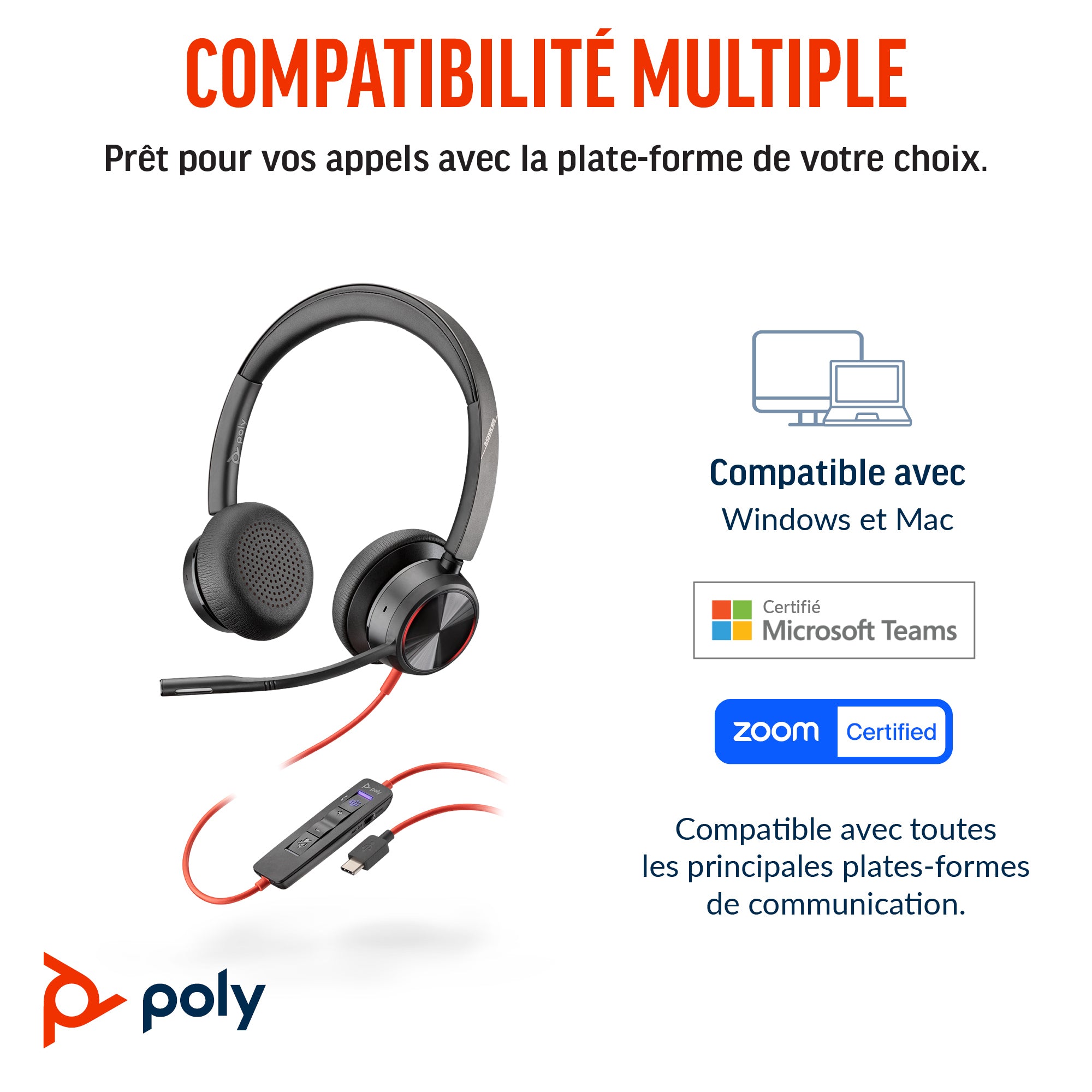 HP Poly Blackwire 8225 USB-C Headset Avec fil Arceau Bureau/Centre d'appels USB Type-C Noir